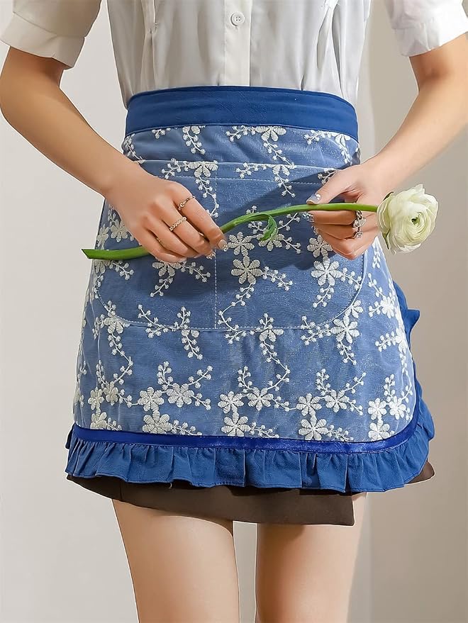 Unisex Chef Aprons White Retro Cotton Maid Short 2 Pockets Waist Waiter Waitress Half Apron - Image 2