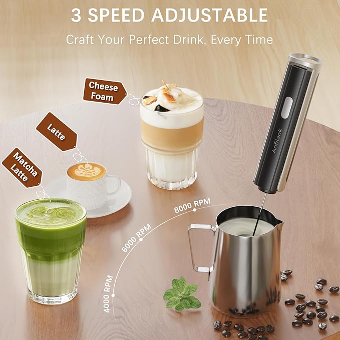 Handheld Milk Frother Wand with Folding Stand, Rechargeable Electric Whisk with 3 Speeds & 3 Stainless Heads, Milk Foam Maker with Stand for Latte, Cappuccino, Hot Chocolate, Egg