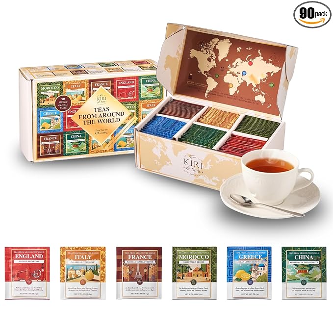 Exotic Teas of the World Gift Set – 90 Count International Tea Bags Variety Pack | Global Sampler Box Featuring England, France, Italy, Morocco, Greece & China | Gourmet Assorted Gift Travel Lovers