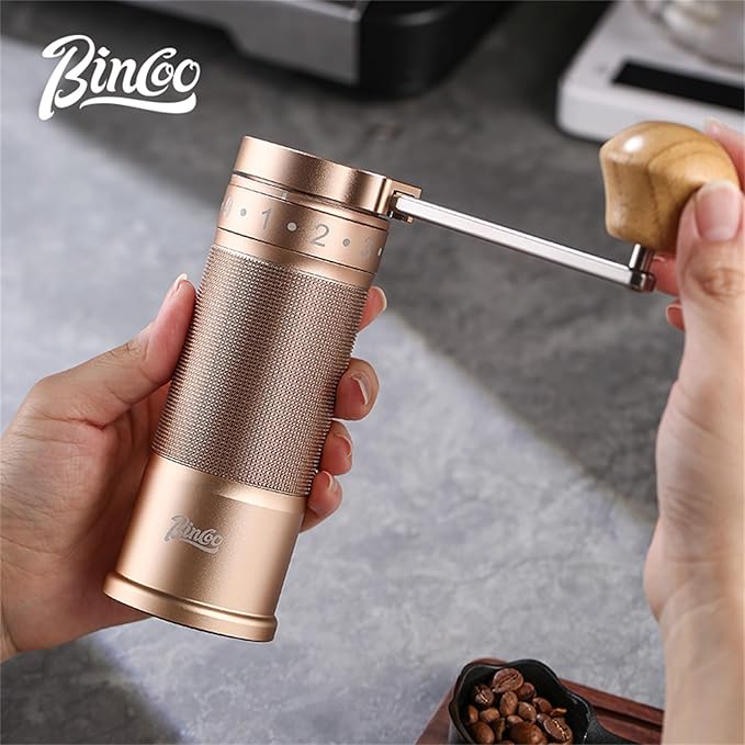 Bincoo Manual Coffee Grinder Manual Foldable Handle– Espresso Hand Coffee Grinder Burr,Compact and Portable for Home/Travel/Camping(Champagne)