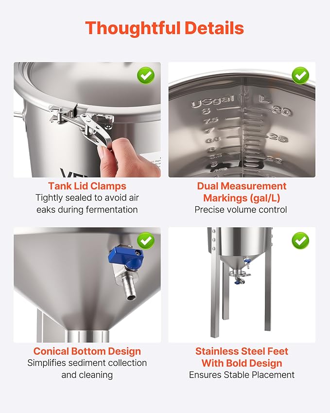 VEVOR Pressure Fermenter 15 PSI, 8 Gal/30L All-in-One Stainless Steel Conical Secondary Fermentation Bucket, for Wine, Beer Brewing Equipment