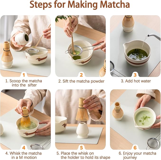 Matcha Set with Dog Pattern, Japanese Matcha Whisk Set Includes Matcha Bowl with Spout, Whisk Holder, Bamboo Whisk and Scoop, Matcha Sifter, 17 oz Ceramic Matcha Kit for Tea Lovers (Beige)