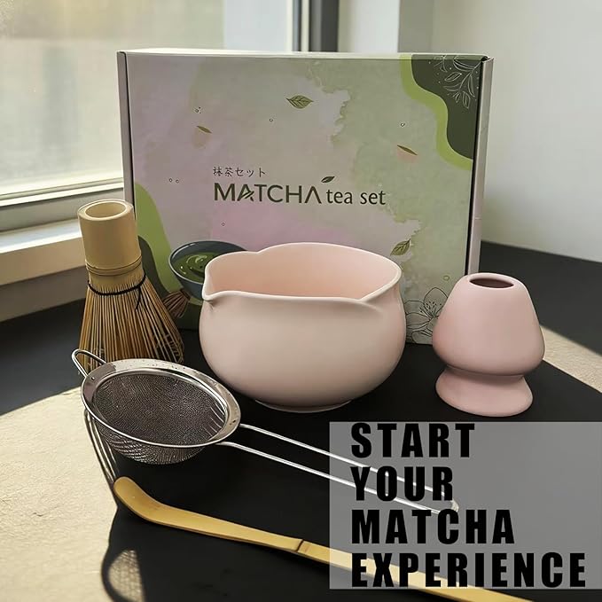 5Pcs Matcha Set Bowl and Whisk, Pink Ceramic Matcha Set Kit, Complete Matcha Making Kit Gift for Ceremony Matcha Tea Lover