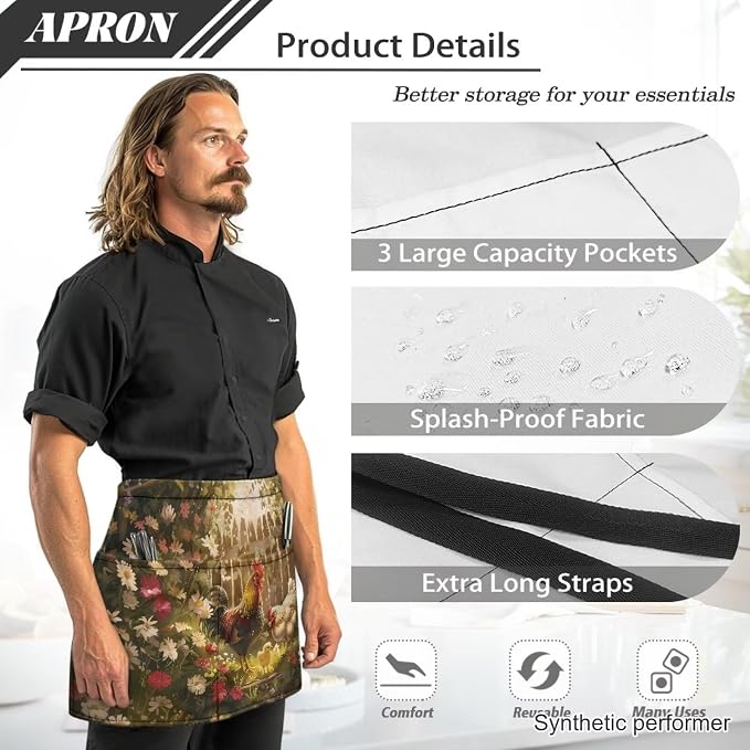 Waist Apron with 3 Pockets Waterproof 13 Inch Short Half Waist Aprons Women Men Server Aprons Waitress Waiter Apron - Image 6