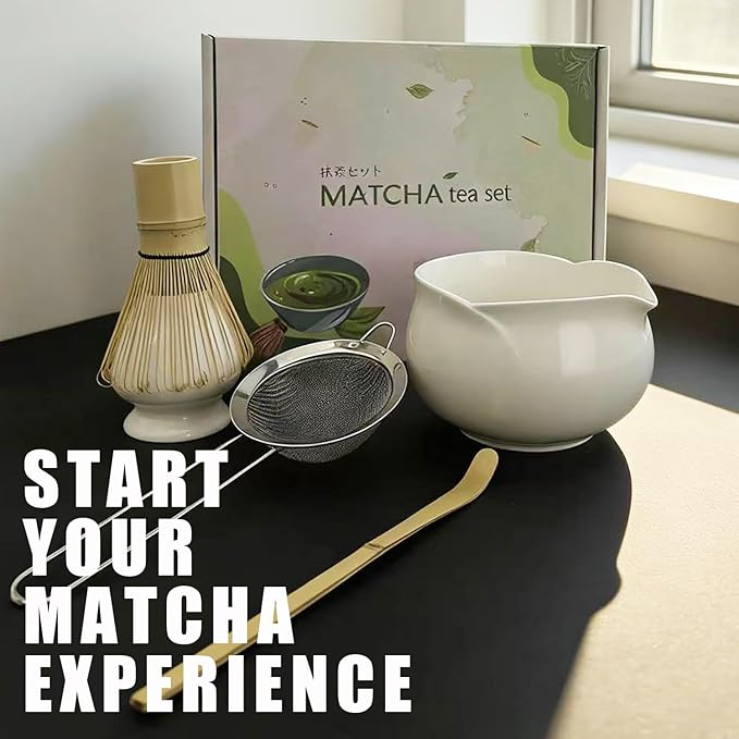 5Pcs Matcha Set Bowl and Whisk, White Ceramic Matcha Set Kit, Complete Matcha Making Kit Gift for Ceremony Matcha Tea Lover