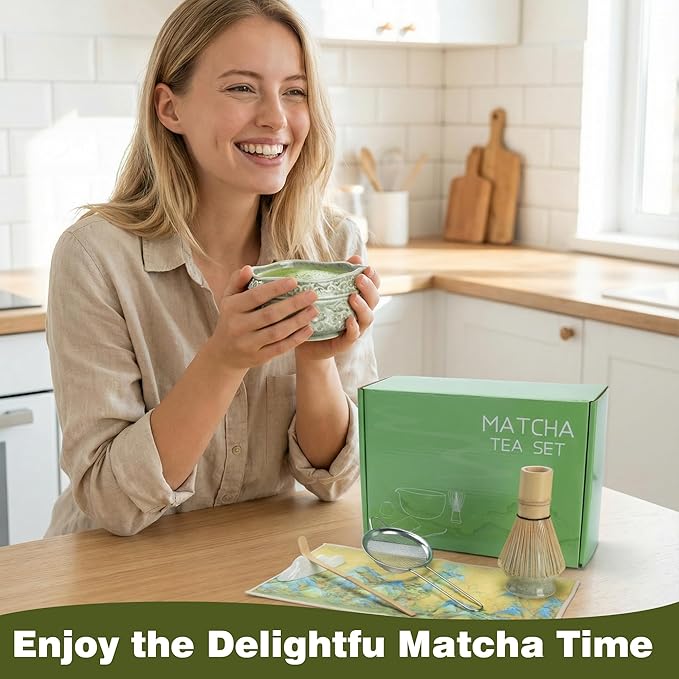 7Pcs Matcha Whisk Set, Ceramic Matcha Bowl with Spout, Bamboo Whisk and Holder,Bamboo Scoop,Scoop Rest,Sifter,Tea Towel,Matcha Kit with Cherry Blossom Carved Patterns (Sakura Green)