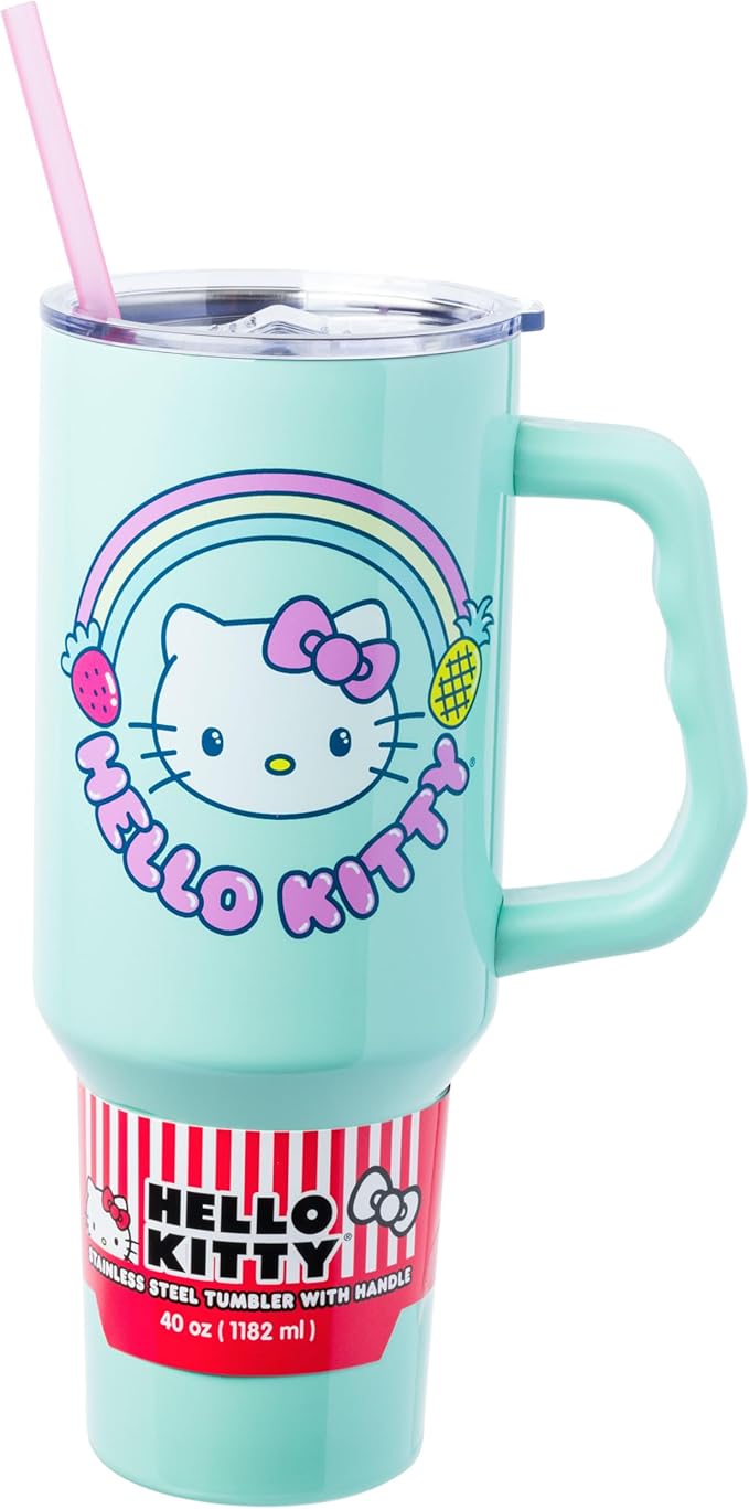 Silver Buffalo Sanrio Hello Kitty Kawaii Strawberry, Pineapple, and Rainbows Double Walled Stainless Steel Tumbler with Handle and Straw, Fits in Standard Cup Holder, 40 Ounces