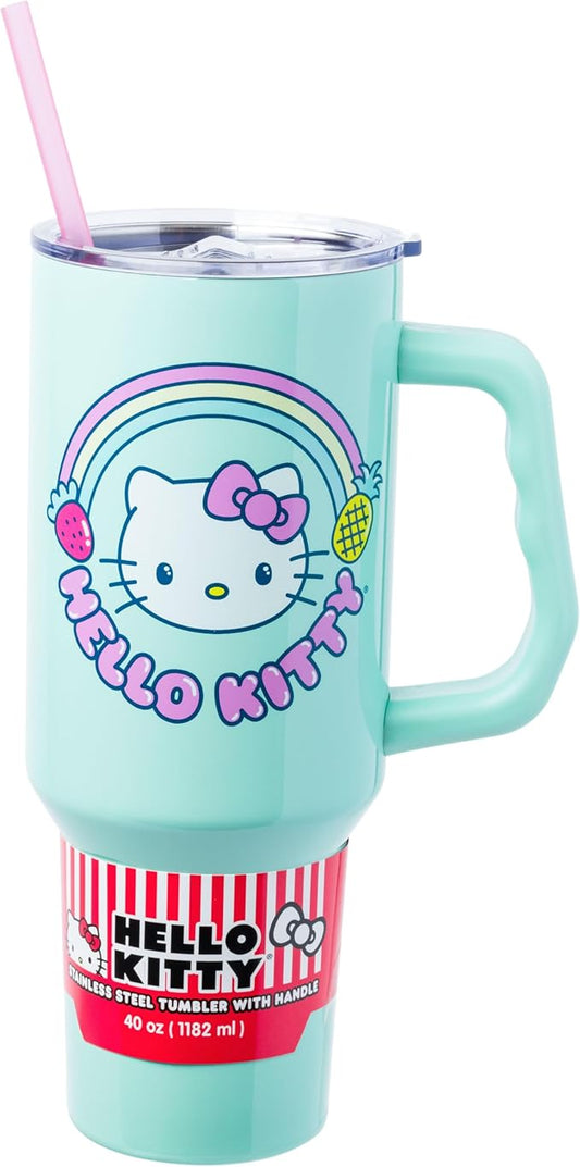 Silver Buffalo Sanrio Hello Kitty Kawaii Strawberry, Pineapple, and Rainbows Double Walled Stainless Steel Tumbler with Handle and Straw, Fits in Standard Cup Holder, 40 Ounces