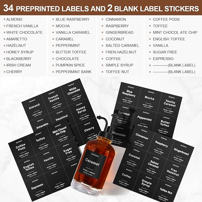 Coffee Syrup Dispenser for Coffee Bar, 16.9oz 500ml Glass Syrup Dispenser w Black Coffee Scoop, Coffee Syrup Pump Dispenser w 36 Labels and Bamboo Tray, Coffee Syrup Bottles with Black Pump, 4PCS - Image 6