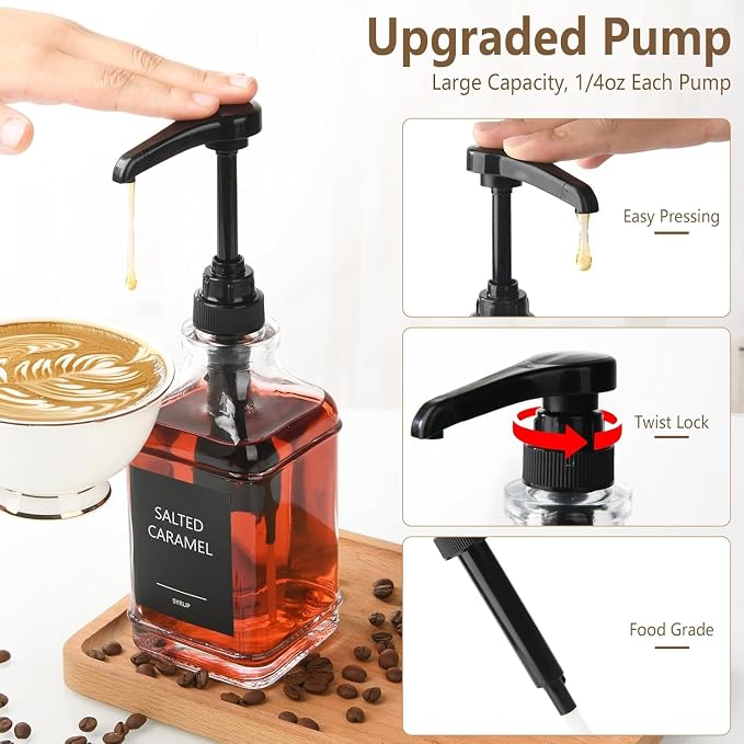 3 Pack 16.9oz (500ml) Glass Coffee Syrup Dispenser with Pump, Syrup Pump Dispenser for Coffee Bar, Coffee Syrup Bottles with Labels - Image 3