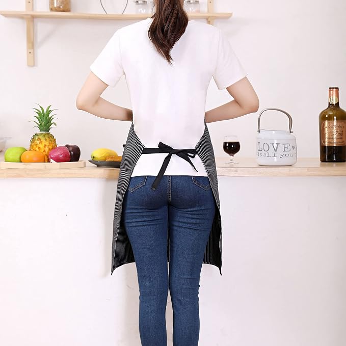 Tosewever 2 Pieces Kitchen Cooking Aprons, Cotton Polyester Blend Adjustable Bib Aprons with 2 Pockets for Women Men Chef Chef (Navy/Black Stripes, 2) - Image 3