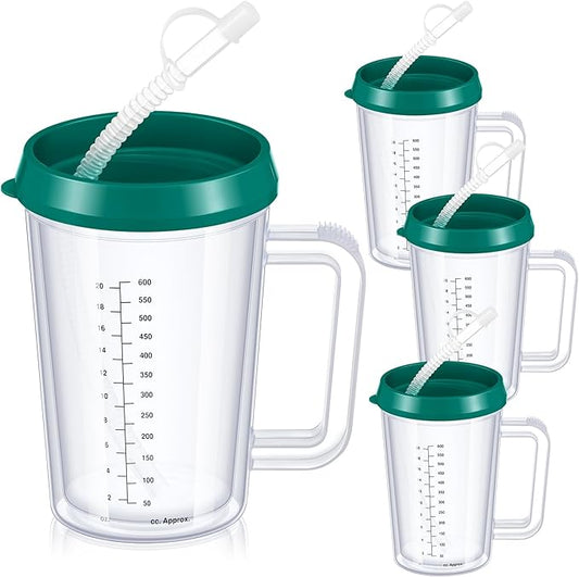 4 Pcs 20 oz Hospital Water Cup with Straw and Lid Insulated Double Walled Elderly Water Bottle Hospital Carafe Mug with Handle Graduated Plastic Drinking Sippy Cup for Adult(Green)
