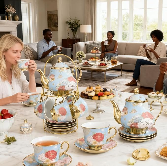 CHANJOON Gold Plated Red Rose Ceramic Tea Set, Vintage Tea Sets with Teapot, Beautiful Tea Set Coffee Serving 6 People (Green, X Large)