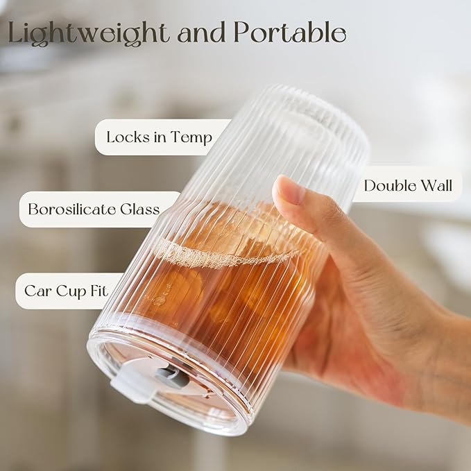 KEMORELA 16oz Ribbed Glass tumbler with Lids and Straws 2pcs,Double Wall Iced Coffee Cups with Lids,Coffee Bar Accessories, Insulated Borosilicate Glass Tumblers, To Go Coffee Cups, Spill proof