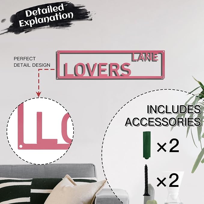 Metal Wall Art Decor Lovers Lane Metal Signs Street Sign with Letter Gift for Women Pink Room 16 x 4 Inches - Image 3
