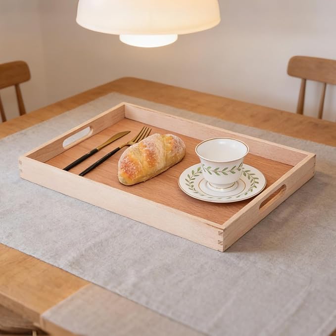 Wooden Serving Tray with Handles (17 Inches) – Decorative Serving Trays Platter for Breakfast in Bed, Lunch, Dinner,Ottoman, Appetizers, Patio, BBQ,Coffee Table, Party (Beech)