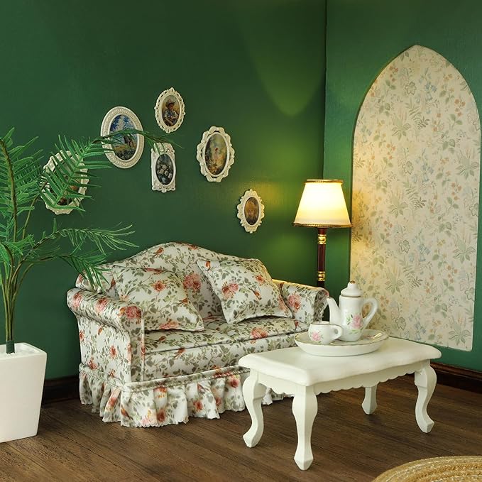 iLAND Dollhouse Furniture of Miniature Couch with Coffee Table the Beautiful Doll House Furniture Set fit 1/12 scale accessories, Elegant Rose and Birds Customized Fabric and Amazing Pleated Handiwork