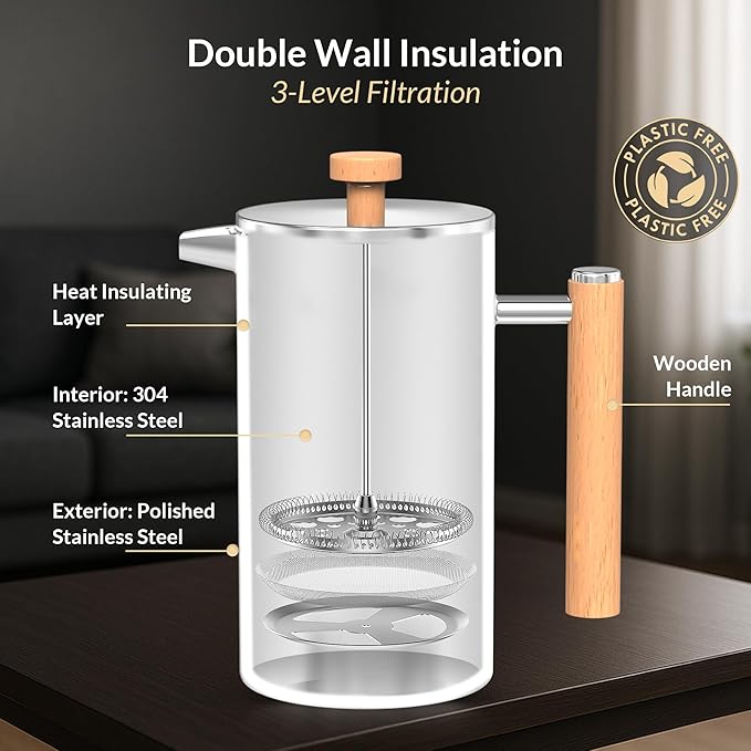 French Press Coffee Maker 304 Stainless Steel 34 Oz Large Double-Walled Insulated French Press Wood Handle 3 Level Filtration System For Kitchen, Camping & Gifting in Premium Box No Plastic