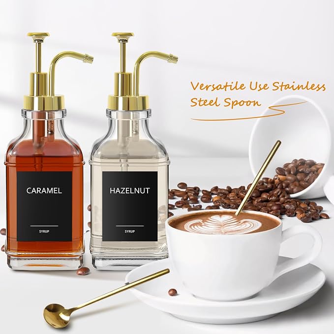 Coffee Bar Accessories, Coffee Syrup Dispenser 16.9 fl oz/500ml, Glass Syrup Dispenser with Gold Pump Dispenser, Labels, Spoons for Coffee Bar, 4 Pack - Image 4