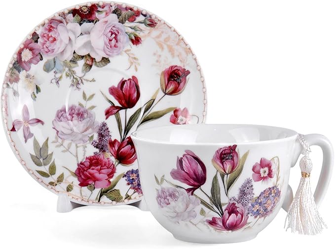 STP GOODS Bone China Tea/Coffee Cup and Saucer in Gift Box Fine Bone China Coffee Cup with Saucer Tea Cup and Saucer Set of One (Flowers 300ml)
