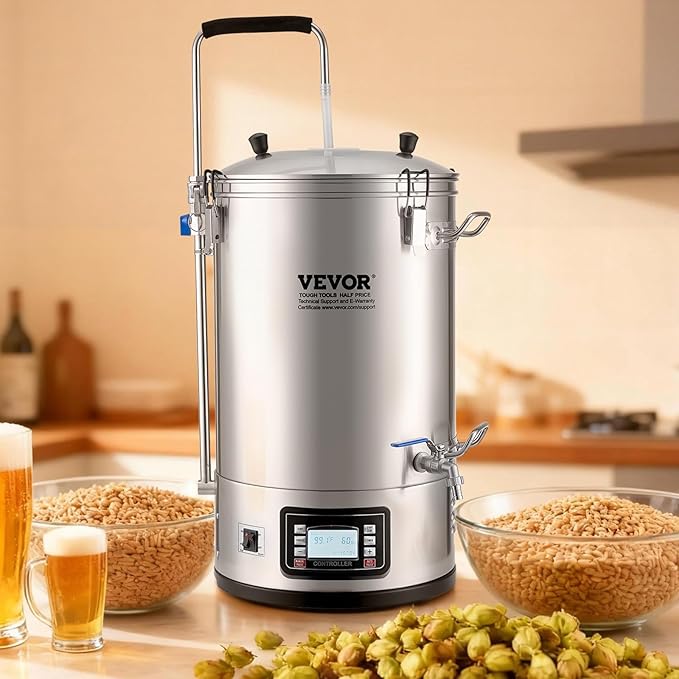 VEVOR Electric Brewing System, 9.2 Gal/35 L Brewing Pot, All-in-One Home Beer Brewer w/Pump, Mash Boil Device w/Panel, Auto/Manual Mode 100-1800W Power 25-100℃ Temp 1-180 min Timer Recipe Memory