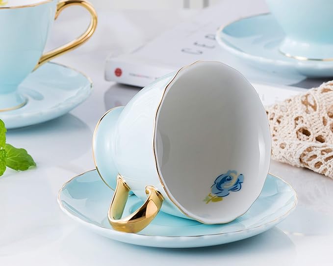 Jusalpha® Fine China Tea Cup and Saucer Coffee Cup Set with Saucer and Spoon Set of 6 (FD-TCS02 blue (6), 7oz)