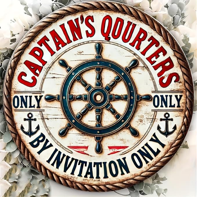 Vintage Captain's Quarters Nautical Aluminum Sign, Invitation-Only Maritime Decorative Wall Plaque for Room, Cafe, Garage, Farmhouse - Circular Foil Engraved Metal Decor by Unknown