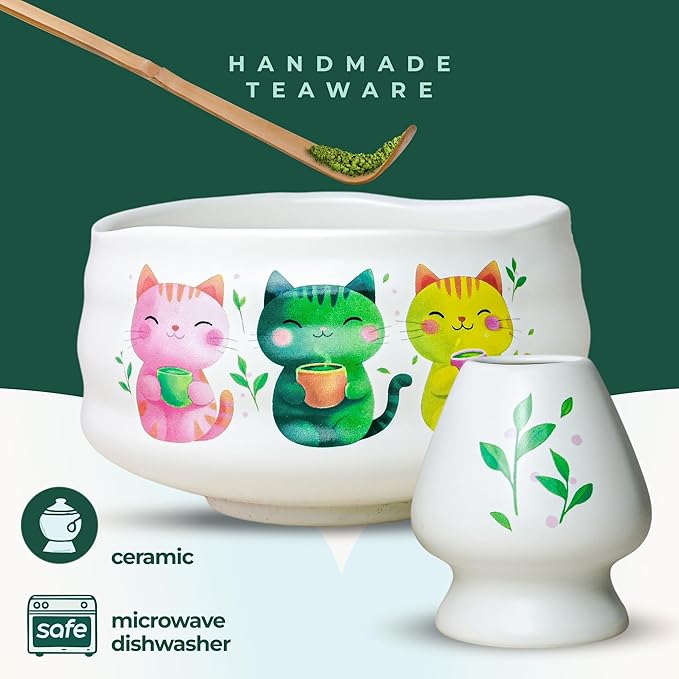 Matcha Gift Set 6 Pcs – Ceramic Bowl, Bamboo Whisk, Whisk Holder, Scoop, Sifter & Cloth – Traditional Japanese Set for Green Tea by Aprika Matcha (White with Cats)