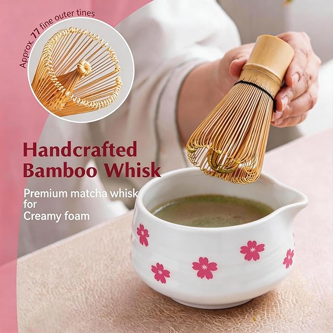 8Pcs Cute Ceramic Matcha Set with Whisk Bowl, Matcha Tea Kit Holder, Bamboo Scoop, Sifter, Towel Included, Valentine's Mother's Day Gift for Matcha Lover Women (White Sakura)