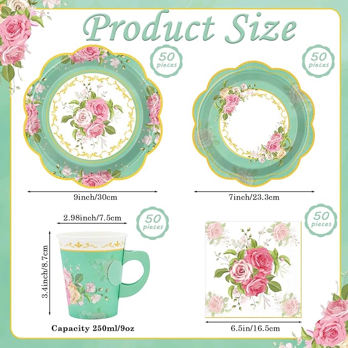 200Pcs Floral Tea Cups and Saucers for Tea Party Supplies, Disposable Tea Cups with Handle and Paper Napkins Dinnerware for Floral Theme Birthday Wedding Bridal Shower Baby Shower(Green)