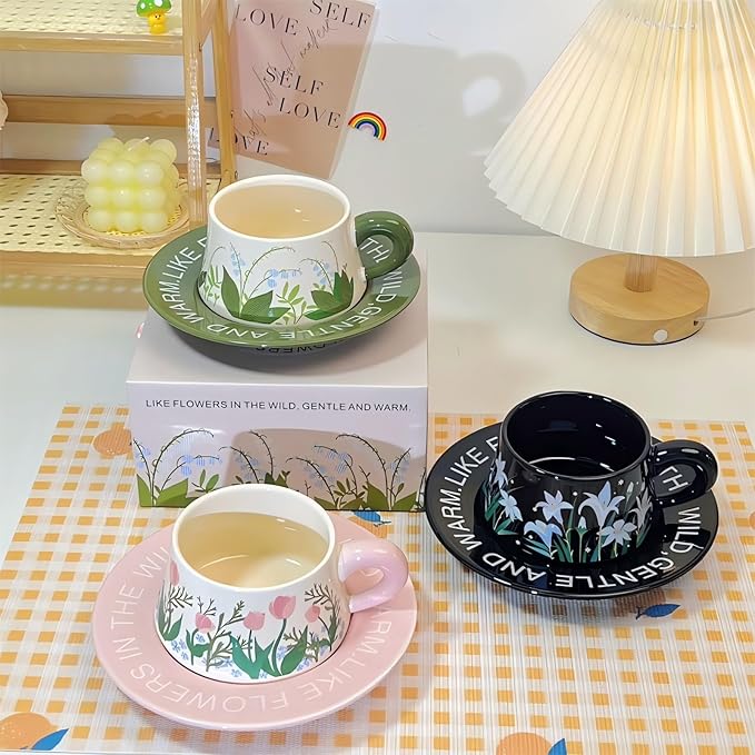 Cute Ceramic Coffee Mug and Saucer Set for Women, Spring Floral Embossed Design, 9.5oz/280ml, Perfect for Home, Office & Holiday Gifts (White Purple Orchid)