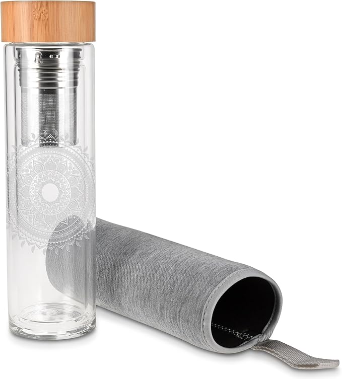 Navaris Glass Water Bottle with Tea Infuser - Double Walled Borosilicate Glass Travel Tumbler with Bamboo Lid and Non Slip Gray Neoprene Sleeve - 17oz