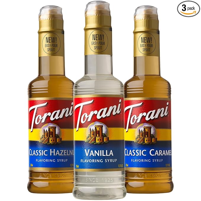 Torani Coffee Syrup, Vanilla, Caramel, and Classic Hazelnut Variety 3-Pack, Flavoring for Drinks, New Easy-Pour Spouts Included, Half-Size Bottles, 12.7 Fl Oz Ea