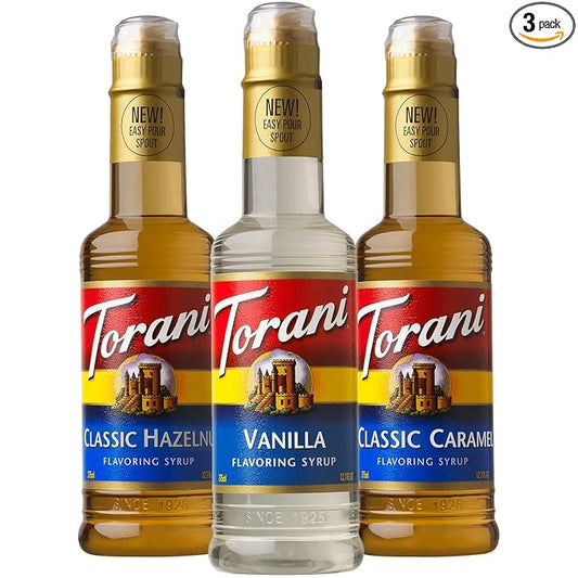 Torani Coffee Syrup, Vanilla, Caramel, and Classic Hazelnut Variety 3-Pack, Flavoring for Drinks, New Easy-Pour Spouts Included, Half-Size Bottles, 12.7 Fl Oz Ea