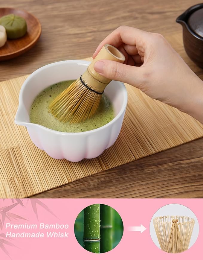 Matcha Whisk Set, 7 Pcs, Matcha Kit Includes Matcha Bowl, Matcha Whisk and Holder, Bamboo Scoop, Spoon, Sifter and Tea Towel, Matcha Set, Gift for Matcha Lovers & Beginners (Gradient Pink)