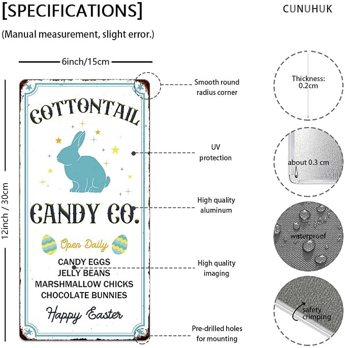 Cottontail Candy Co. Vintage Metal Tin Sign Bunny Rabbit Easter Eggs Print Poster Art Wall Decor Cute Novelty Sign for Home Farmhouse Kitchen Coffee Bar Yard Garden 6x12 Inch - Image 2