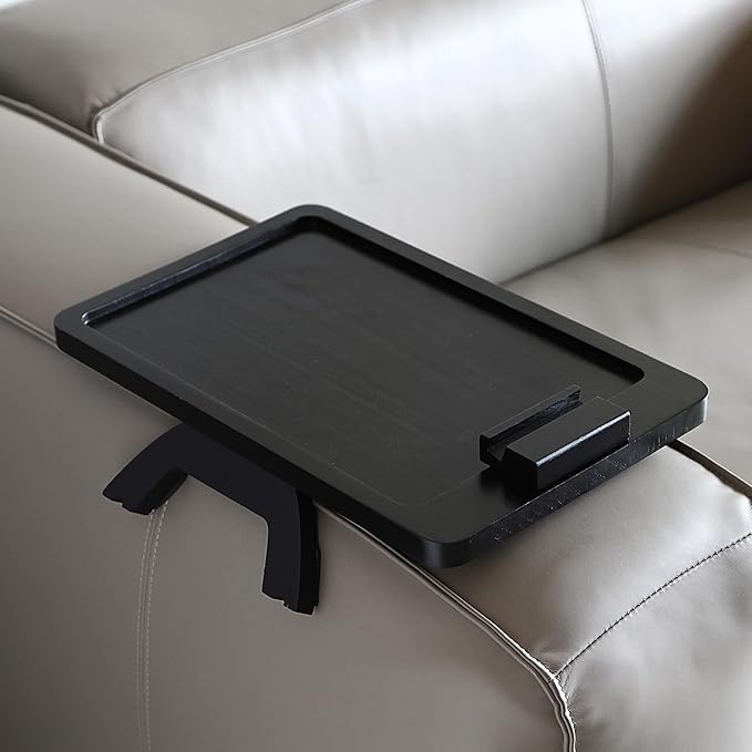 BAMBOO LAND- Couch Arm Tray, Wooden Folding Couch Armrest Table, Black, Rectangular Clip-On Sofa Arm Tray with 360° Rotating Phone Holder