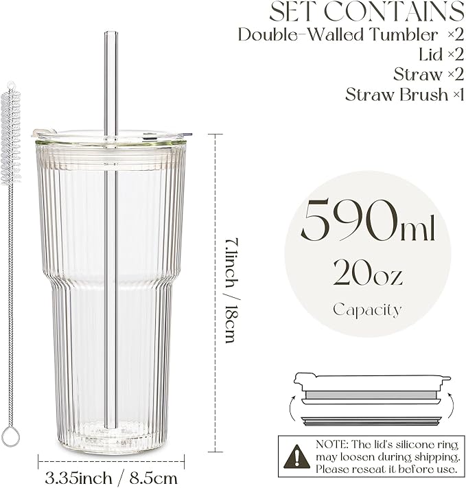 KEMORELA 2PCS 20oz Double Wall Ribbed Glass Cups with Lids and Straws, Insulated Borosilicate Glass Tumblers, Heat-Resistant, leak-proof Design for Iced Coffee, Bubble Tea, Juice, Dishwasher Safe