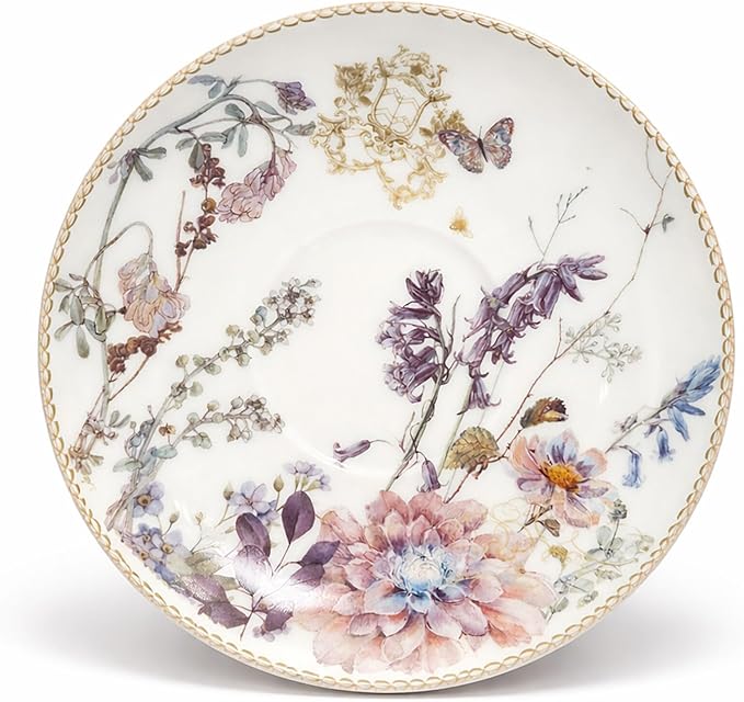 STP GOODS Bone China Tea/Coffee Cup and Saucer in Gift Box Fine Bone China Coffee Cup with Saucer Tea Cup and Saucer Set of One,Porcelain Cup and Saucer (Wildflower Meadow)