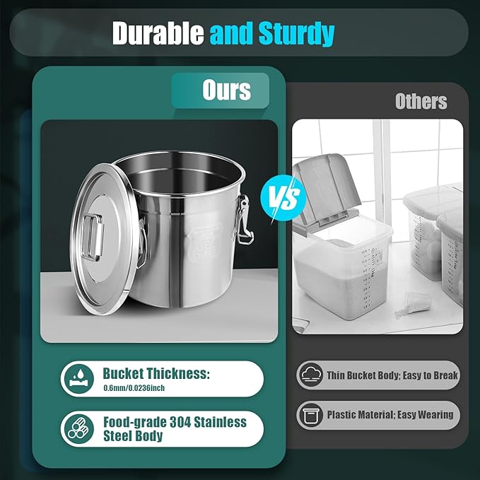 304 Stainless Steel Airtight Canister for Kitchen, 3.2Gal Canisters Container with Lids and Sturdy Locking Clamp, Bucket Food Storage Containers Airtight for Flour Coffee Bean Tea (Silver-12L)