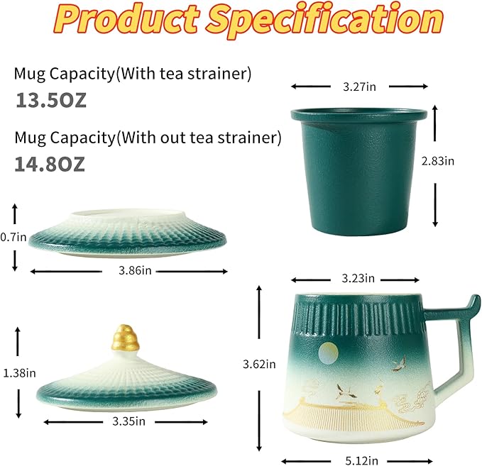Tea Cup with Infuser and Lid,Loose Leaf Tea Steeper Cup 14.8oz Ceramic tea Infuser Mug Travel Large Steeping Cup Diffusers Mugs with Fine Strainer and Handle (White&Green)