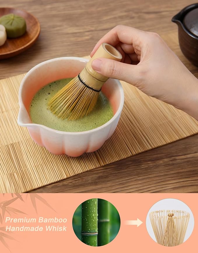 Matcha Whisk Set, 7 Pcs, Matcha Kit Includes Matcha Bowl, Matcha Whisk and Holder, Bamboo Scoop, Spoon, Sifter and Tea Towel, Matcha Set, Gift for Matcha Lovers & Beginners (Gradient Orange)