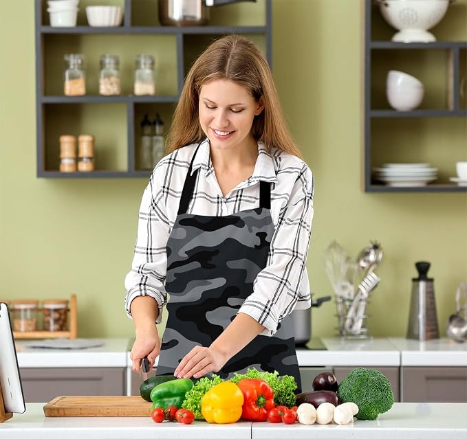 Camouflage Pattern Black and Gray Bib Apron with Adjustable Neck for Men Women,Suitable for Kitchen Cooking Chef Grill Bistro BBQ Apron - Image 5