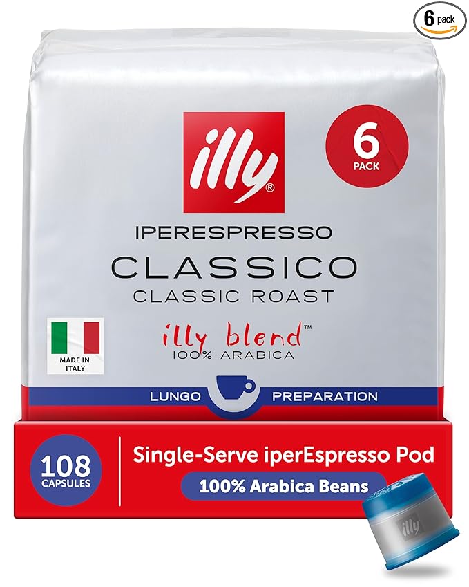 illy Coffee IperEspresso Capsules, Classico Lungo Medium Roast Coffee Pods, 100% Arabica, Premium Italian Blend, 18 Count, 6 Pack