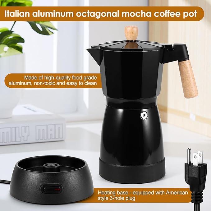 Electric Espresso Coffee Maker, 6 Cup Coffee Pot with Detachable Base Portable Aluminum Italian Moka Maker Electric Moka Pot for Home Cafe Outdoor Office