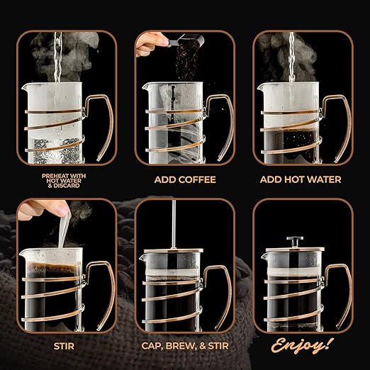 OVENTE French Press Coffee Maker 27 Ounce with Heat Resistant Borosilicate Glass, Stainless Steel Design and 4-Level Filter System, Portable Cold Brewer Pot for Travel, Camping or Gift, Copper FSW27C