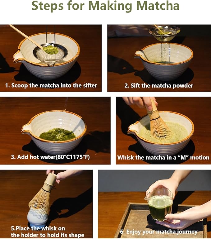 Matcha Whisk Set,Matcha Set,Matcha Kit,Matcha Bowl with Spout,Scoop,Sifter,Bamboo Whisk,Chasen Holder,Unique Gifts for Women Mom her Grifend,Gifts for Christmas, Birthday
