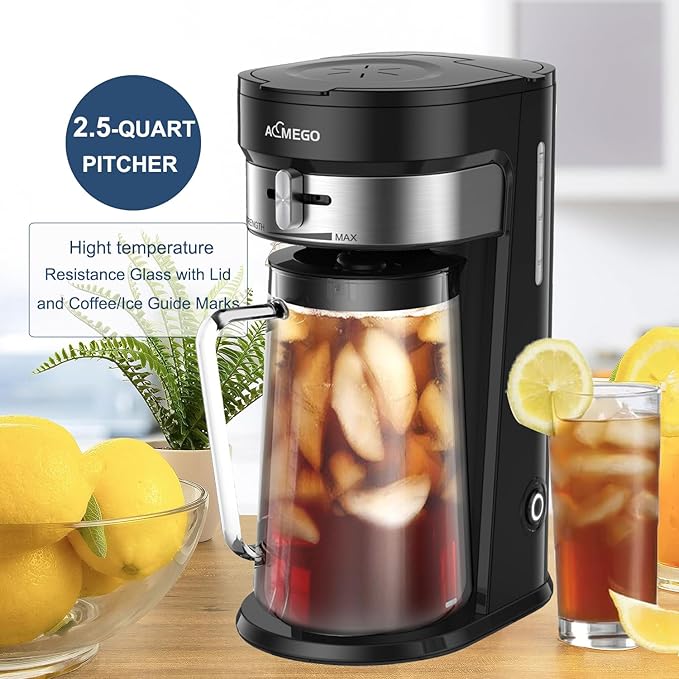 Iced Tea Maker, Brewing System with 2.5-quart Glass Pitcher, sliding strength selector, Stainless Steel Decoration, Reusable Filter (Black)