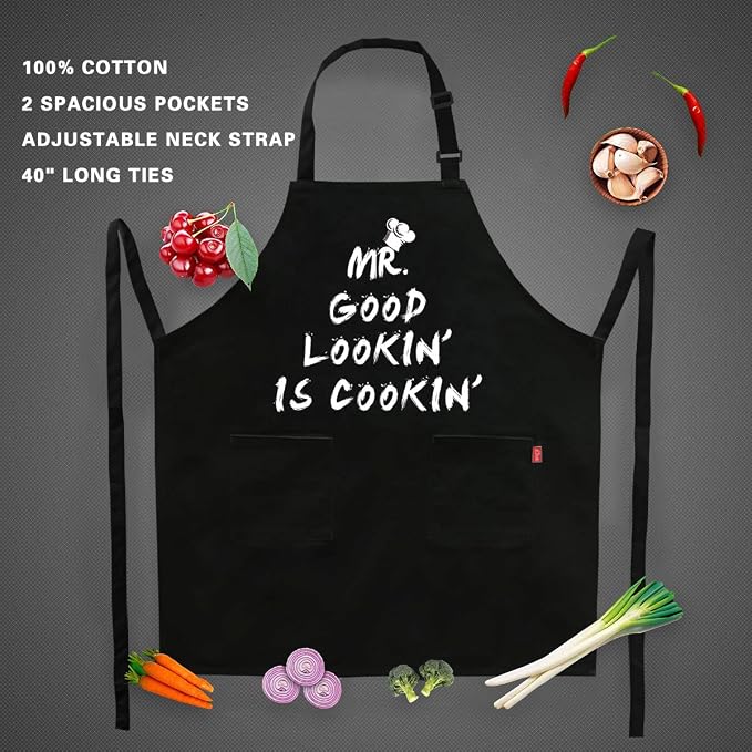 Kitchen Chef Apron - MR. GOOD LOOKIN' IS COOKIN' Funny Aprons for Men Dad - Adjustable Bib Apron with 2 Pockets and 40" Long Ties, Perfect for Cooking, Grilling, BBQ, Baking - Black - Image 7