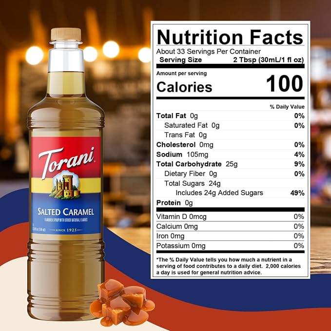 Torani Salted Caramel Flavoring Syrup 1 Liter Bottle with Pump Dispenser – Coffee Syrup for Lattes, Teas, Cocktails & Desserts – Premium Quality Flavored Syrup - Image 2